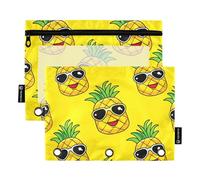 Simpatico astuccio a 3 anelli con stampa di ananas felici, con cerniera, per studenti e scuola, in tessuto, 24,9 x 18 cm, confezione da 2