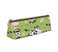 Simpatico astuccio a triangolo verde con mucca animale, astuccio per matite portatile, organizer in pelle con cerniera per cosmetici, Come mostrato, Taglia unica, Organizer per borse