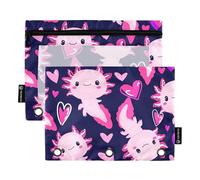 Simpatico astuccio Axolotls con cuori rosa per raccoglitori a 3 anelli, con cerniera, astuccio per matite e penne, da donna, per la scuola, con tasche carine, 24,9 x 18 cm, 2 confezioni