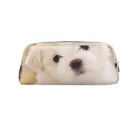 Simpatico astuccio in pelle con stampa cucciolo maltese, borsa per il trucco portatile, da viaggio, con cerniera, piccola borsa portaoggetti per donne e ragazze, Argento, Taglia unica, Beauty case
