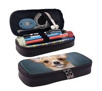 Simpatico astuccio in pelle con stampa di cane divertente astuccio portapenne grande capacità con doppia cerniera per ufficio, Nero , Taglia unica