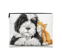Simpatico astuccio per il trucco, nero e arancione, con illustrazione di cane e gatto, borsa cosmetica per donne, piccola borsa portatile in tela con cerniera, regalo per gli amanti degli animali
