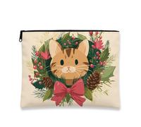 Simpatico astuccio per trucchi a forma di gatto, con corona di vacanze, da viaggio, per donne, piccola borsa portatile in tela con cerniera, borsa da toilette natalizia per la cura della pelle, Beige