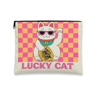 Simpatico astuccio per trucchi con gatto fortunato, astuccio vintage con cerniera per donne, organizer da viaggio in tela piccola portatile, regalo per festival ed estate, Pesca, 7x9 Inch, Gatto
