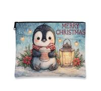 Simpatico astuccio per trucchi con pinguino, astuccio per cosmetici Merry Christmas per donne, piccola borsa portatile in tela con cerniera, borsa da toilette per le vacanze, Blu, 7x9 Inch, Pinguino
