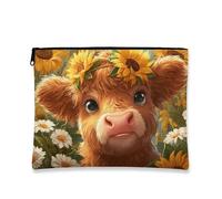 Simpatico astuccio per trucco floreale, con mucca e girasole, borsa da viaggio per donne, piccola borsa portatile in tela con cerniera, scelta perfetta per festival di primavera, Marrone, 7x9 Inch