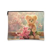 Simpatico astuccio per trucco floreale, orso e fiori di ciliegio, borse da viaggio per donne, piccola borsa portatile in tela con cerniera, borsa da toilette regalo primaverile, Pesca, 7x9 Inch