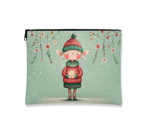 Simpatico astuccio per trucco natalizio con fatine, borsa cosmetica per le vacanze, borsa portatile piccola in tela con cerniera, borsa da toilette invernale per la cura della pelle, Verde, 7x9 Inch