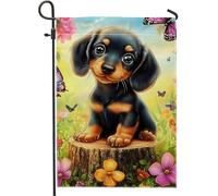 Simpatico bassotto bandiera da giardino con cane, striscione decorativo floreale colorato con cuccioli, decorazione per prato all'aperto primaverile estate all'aperto bandiera da cortile vivace su