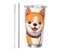 Simpatico bicchiere con cane Shiba Inu con coperchio e cannuccia, in acciaio inox, da 590 ml, per bevande calde e fredde, tazza da caffè isolata a doppia parete, riutilizzabile, per bevande termiche