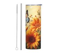 Simpatico bicchiere con girasole e farfalla con coperchi e cannuccia, 590 ml, doppia parete sottovuoto, in acciaio inox, tazza termica da viaggio a tenuta stagna, per bevande calde e fredde