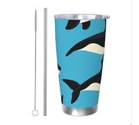 Simpatico bicchiere termico con delfino con cannuccia e coperchio, portabicchieri per auto, con balena marina, corallo, da 590 ml, in acciaio inox, da viaggio, per bevande calde e fredde