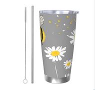 Simpatico bicchiere termico con margherita e coperchio, portabicchieri per auto, con fiore, da 590 ml, in acciaio inox, sottovuoto, da viaggio, per bevande calde e fredde