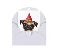 Simpatico biglietto di auguri di compleanno con cucciolo di carlino con stampa verticale in bianco (lingua italiana non garantita)