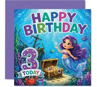 Simpatico biglietto di auguri per 3° compleanno, con scritta "Make a Splash on Their Big Day", stravagante sirena, scrigno del tesoro e creature marine giocose - quadrato da 145 mm, busta inclusa