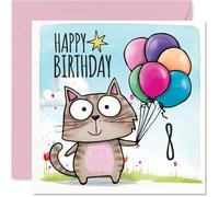 Simpatico biglietto di auguri per 8° compleanno, con allegria di compleanno | Palloncini colorati a forma di gatto con cartoni animati per gli amanti degli animali, stravagante celebrazione dell'ottavo