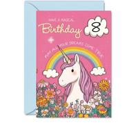 Simpatico biglietto di auguri per 8° compleanno, con scritta "Sprinkle a Little Magic", motivo con unicorno, arcobaleno e fiori, pieno di colori allegri e scintillanti, 12,7 x 17,8 cm, busta inclusa