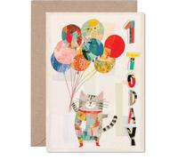 Simpatico biglietto di auguri per il 1° compleanno, con scritta in lingua | Collage con gatto giocoso e palloncini colorati, stravagante primo traguardo, formato A5, busta inclusa