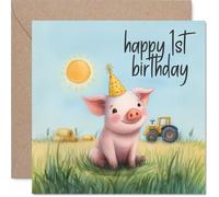 Simpatico biglietto di auguri per il 1° compleanno - Oink-tastic Celebration - Allegro maiale in un cappello da festa in una fattoria pastello soleggiata - garantito per far sorridere i più piccoli