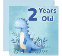 Simpatico biglietto di auguri per il 2° compleanno - Two Today e Roaring with Joy - Dinosauro acquerello con rametti a foglia in morbide tonalità pastello - quadrato da 145 mm, busta inclusa