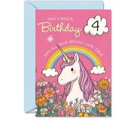 Simpatico biglietto di auguri per il 4° compleanno - Make Her Day Sparkle - Unicorno stravagante, arcobaleno e fiori in rosa magico - pieno di allegri auguri di compleanno - A5, busta inclusa