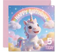 Simpatico biglietto di auguri per il 5° compleanno, con unicorno magico e arcobaleni, scena pastello con allegro unicorno e numero 5-145 mm quadrato, busta inclusa