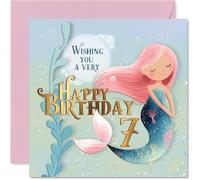 Simpatico biglietto di auguri per il 7° compleanno - Make a Splash at Seven - Sirena stravagante in rosa pastello e blu - Magico compleanno divertente per i piccoli sognatori - 145 mm quadrato, busta