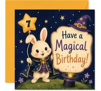 Simpatico biglietto di auguri per il 7° compleanno - Whimsical Wizard Bunny Brings Birthday Magic - Palloncino a stella con grande oro '7' e dettagli scintillanti, quadrato da 145 mm, busta inclusa