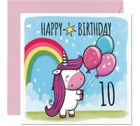 Simpatico biglietto di auguri per il decimo compleanno, Sparkle and | Unicorno con palloncini arcobaleno e stelle, un design magico per un brillante 10° compleanno, quadrato da 145 mm