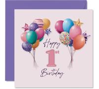 Simpatico biglietto di auguri per il primo compleanno, con palloncini colorati, stelle e coriandoli circondano un grande numero rosa da 1 a 145 mm, busta inclusa