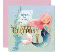 Simpatico biglietto di auguri per il primo compleanno, con scritta "Make a Splash on Their Big Day", motivo stravagante sirena e bolle, in rosa pastello e blu, 145 mm, quadrato, busta inclusa