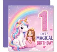 Simpatico biglietto di auguri per il primo compleanno, con scritta | Principessa e arcobaleno, celebrazione pastello per il suo grande giorno, quadrato 145 mm, busta inclusa