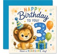 Simpatico biglietto di auguri per il terzo compleanno | Leone acquerello con palloncini e stelle, design animale luminoso e giocoso, quadrato 145 mm, busta inclusa