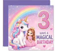 Simpatico biglietto di auguri per il terzo compleanno, per rendere magico | Design pastello principessa e arcobaleno, divertimento scintillante per i più piccoli, quadrato da 145 mm, busta inclusa