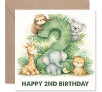 Simpatico biglietto di compleanno per il 2° compleanno, divertente e divertente, numero 2 verde con una gioiosa banda di animali, design giocoso che delizierà i più piccoli, quadrato da 145 mm, busta