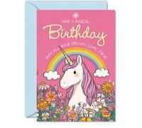 Simpatico biglietto di compleanno - Sprinkle Some Magic on Their Day - stravagante unicorno, arcobaleno e fiori in colori gioiosi - garantito per far sorridere, formato A5, busta inclusa