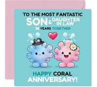 Simpatico biglietto per 35° anniversario per figlio e nuora, per festeggiare i 35 anni di amore, adorabili personaggi corallini condividono un sorriso, quadrato da 145 mm, busta inclusa