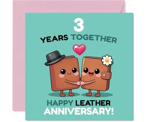 Simpatico biglietto per il terzo anniversario, per festeggiare tre anni brillanti, adorabile libro dei cartoni animati che si tengono per mano, perfetto per un gioioso anniversario in pelle, 145 mm