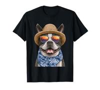 Simpatico Boston Terrier con Occhiali da Sole e Cappello di Paglia Bostie Dog Maglietta