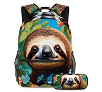 Simpatico bradipo e fiore pronto per l'avventura, set da 2 pezzi, zaino con astuccio per studenti, Multicolore, B:29.4x20x40cm P:19x7.5x3.8cm, Zaini Daypack