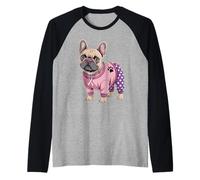 Simpatico Bulldog Francese Pigiama Rosa Cancro al Seno Nastro Maglia con Maniche Raglan