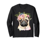 Simpatico cane carlino con corona di fiori divertente unisex design tee Maglia a Manica