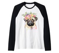 Simpatico cane carlino con corona di fiori divertente unisex design tee Maglia con Maniche Raglan