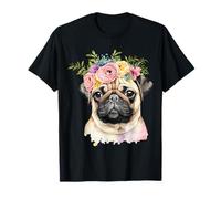 Simpatico cane carlino con corona di fiori divertente unisex design tee Maglietta