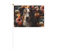 Simpatico cane con fiori sei pezzi stampato su entrambi i lati bandiera portatile 14 x 20,8 cm, adatta per tifare attività di squadra