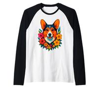 Simpatico cane Corgi con fiori floreale Proprietario di animali domestici Primavera Estate Maglia con Maniche Raglan