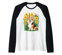 Simpatico Cane Corgi tra narcisi Che sostengono Il Galles Maglia con Maniche Raglan