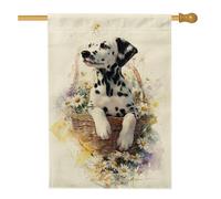 Simpatico cane dalmata in cestino bandiera da giardino, design floreale bianco, decorazione per esterni, striscione in iuta su entrambi i lati per primavera estate decorazione per la casa 71 x 101 cm