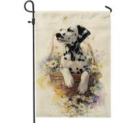 Simpatico cane dalmata in cestino bandiera da giardino, design floreale bianco, decorazione per esterni, striscione in iuta su entrambi i lati per primavera estate decorazione della casa 30,5 x 45,7