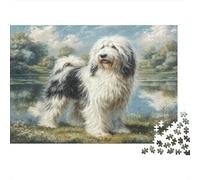 Simpatico Cane Domestico Puzzle per Adulti per la Casa Old English Sheepdog al Ruscello Gioco Educativo Antistress e Decorazione Murale 52x38cm/1000 pezzi